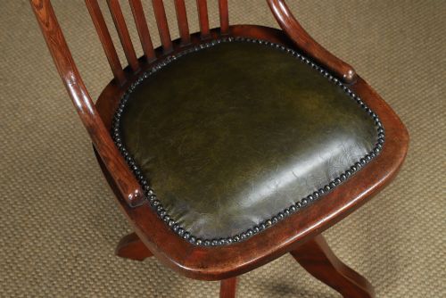 ANTIQUE ENGLISH GEORGE V BEECH GREEN LEATHER REVOLVING ARMLESS SMALL OFFICE DESK SIDE CHAIR CIRCA 1920 - ADDITIONAL PHOTO 3