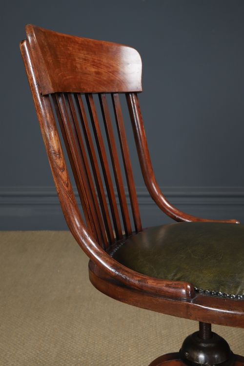 ANTIQUE ENGLISH GEORGE V BEECH GREEN LEATHER REVOLVING ARMLESS SMALL OFFICE DESK SIDE CHAIR CIRCA 1920 - ADDITIONAL PHOTO 4