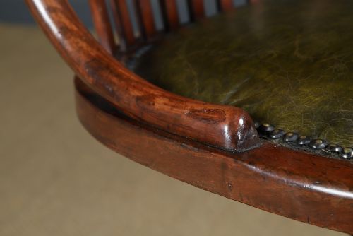 ANTIQUE ENGLISH GEORGE V BEECH GREEN LEATHER REVOLVING ARMLESS SMALL OFFICE DESK SIDE CHAIR CIRCA 1920 - ADDITIONAL PHOTO 5