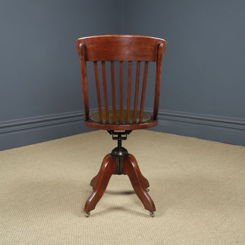 ANTIQUE ENGLISH GEORGE V BEECH GREEN LEATHER REVOLVING ARMLESS SMALL OFFICE DESK SIDE CHAIR CIRCA 1920 - ADDITIONAL PHOTO 7