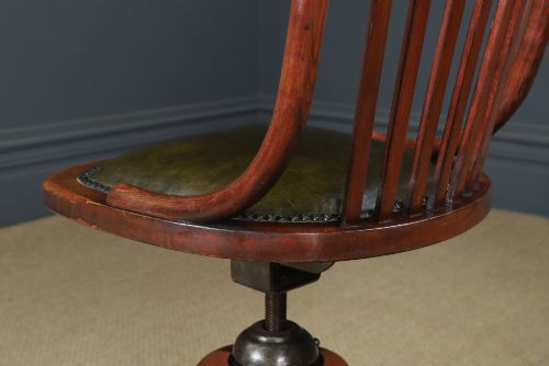 ANTIQUE ENGLISH GEORGE V BEECH GREEN LEATHER REVOLVING ARMLESS SMALL OFFICE DESK SIDE CHAIR CIRCA 1920 - ADDITIONAL PHOTO 9