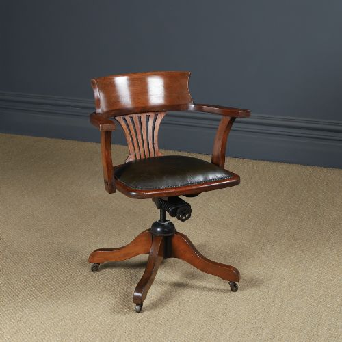 Antique English Edwardian Beech & Green Leather Revolving Office Desk Arm Chair (Circa 1910)