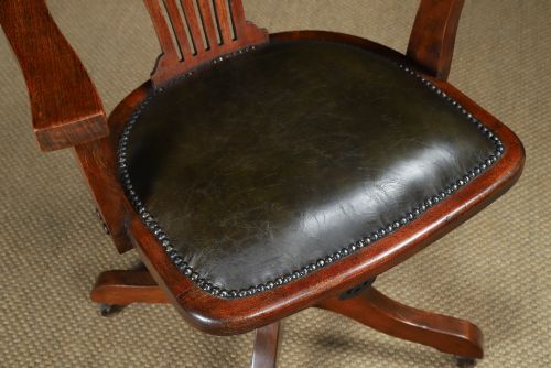 fig 3. Antique English Edwardian Beech & Green Leather Revolving Office Desk Arm Chair (Circa 1910)