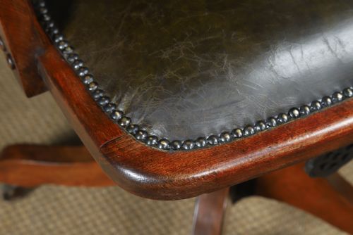 fig 4. Antique English Edwardian Beech & Green Leather Revolving Office Desk Arm Chair (Circa 1910)
