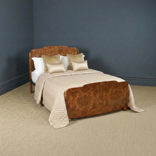 ANTIQUE ENGLISH ART DECO BURR WALNUT 4FT 6 CURVED CLOUD SHAPED DOUBLE SIZE BED CIRCA 1930