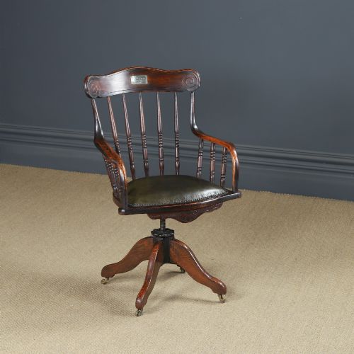 Antique English Edwardian Oak & Green Leather Revolving Bentwood Office Desk Chair / Armchair (Circa 1910)
