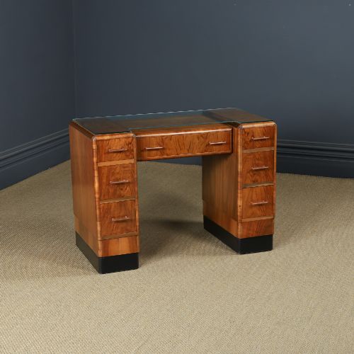 ANTIQUE ENGLISH ART DECO WALNUT GLASS SKYSCRAPER PEDESTAL OFFICE WRITING DESK CIRCA 1930