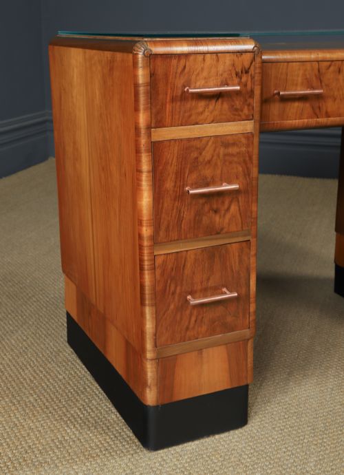 ANTIQUE ENGLISH ART DECO WALNUT GLASS SKYSCRAPER PEDESTAL OFFICE WRITING DESK CIRCA 1930 - ADDITIONAL PHOTO 2