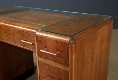 ANTIQUE ENGLISH ART DECO WALNUT GLASS SKYSCRAPER PEDESTAL OFFICE WRITING DESK CIRCA 1930 - ADDITIONAL PHOTO 5