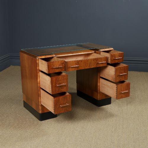 ANTIQUE ENGLISH ART DECO WALNUT GLASS SKYSCRAPER PEDESTAL OFFICE WRITING DESK CIRCA 1930 - ADDITIONAL PHOTO 8