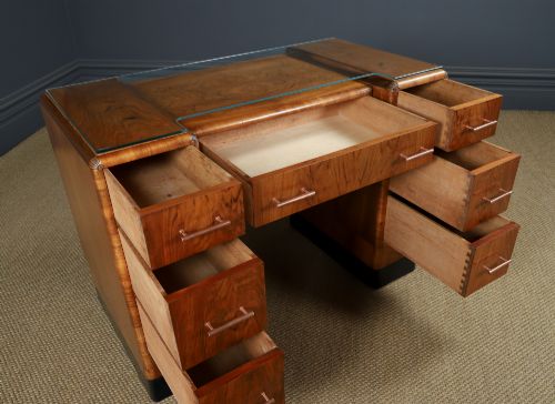 ANTIQUE ENGLISH ART DECO WALNUT GLASS SKYSCRAPER PEDESTAL OFFICE WRITING DESK CIRCA 1930 - ADDITIONAL PHOTO 9