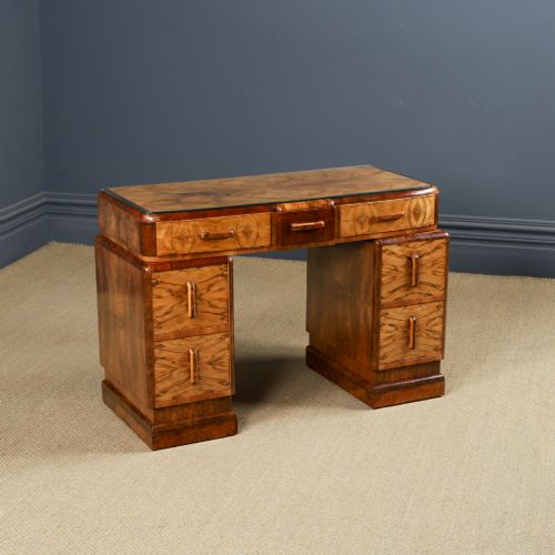Antique English Art Deco Walnut & Burr Elm Glass Skyscraper Pedestal Office Writing Desk (Circa 1930)