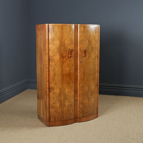 Antique English Art Deco Walnut Two Door Wardrobe Armoire Closet Bow Front Design Fitted Interior (Circa 1930)