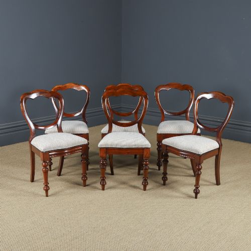 Antique English Victorian Set of Six 6 Mahogany Balloon Back Dining Office Occasional Salon Chairs (Circa 1860)