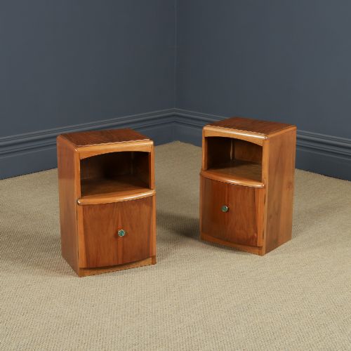 Vintage English Pair of Art Deco Walnut Nightstands Bedsides Tables Cabinets Chests with Open Area & Cupboard (Circa 1930)