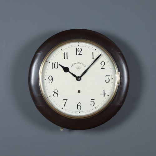 Antique 16" Mahogany Ansonia Railway Station / School Round Dial Wall Clock (Timepiece)