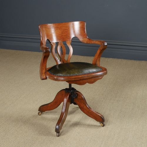 Antique English Edwardian Oak & Green Leather Revolving Office Desk Arm Chair (Circa 1910)