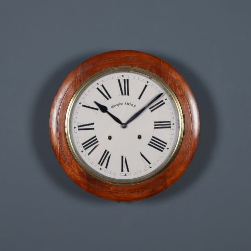 Antique 16" Anglo Swiss Mahogany Railway Station / School Wall Clock (Chiming / Striking)