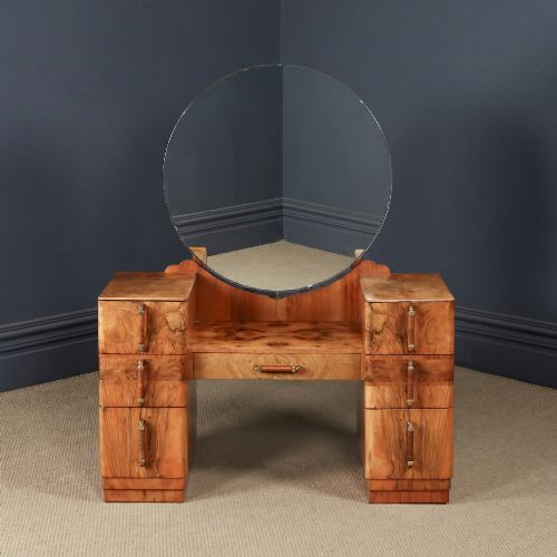 Antique English Art Deco Figured & Burr Walnut Pedestal Dressing / Vanity Table with Mirror (Circa 1930)