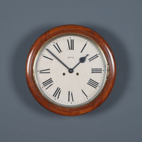 15″ Smiths Antique Chiming Wall Clock in Mahogany Railway Station / School Round Dial (Striking)