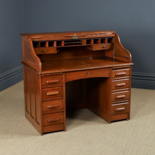 Antique English edwardian oak Roll Top Desk – Rolltop / Office / Pedestal / 4ft 2″ Wide (Circa 1910) 