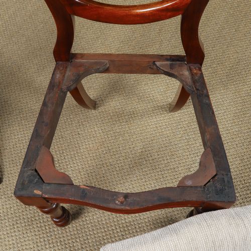 fig 8. A pair of mid-nineteenth century Victorian mahogany dining chairs featuring balloon back frames, turned front legs, and neutral fabric upholstered seats.
