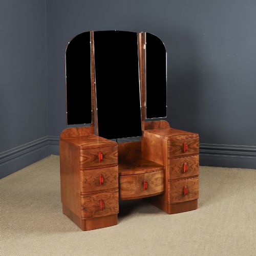 Art Deco Walnut Dressing Table with Mirror – Antique English Figured Walnut Pedestal Vanity (Circa 1930)