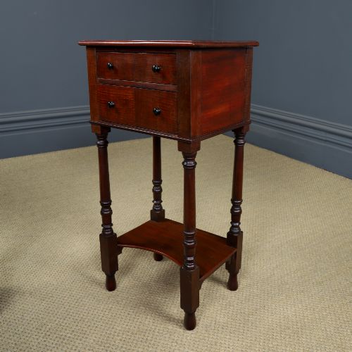 fig 7. A pair of tall Victorian mahogany bedside tables featuring two small drawers with black knobs, turned legs, and a concave lower shelf.