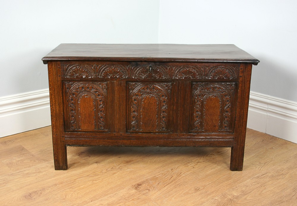 Charles II Oak Somerset Carved Panel Coffer (Circa 1650 - 1700)