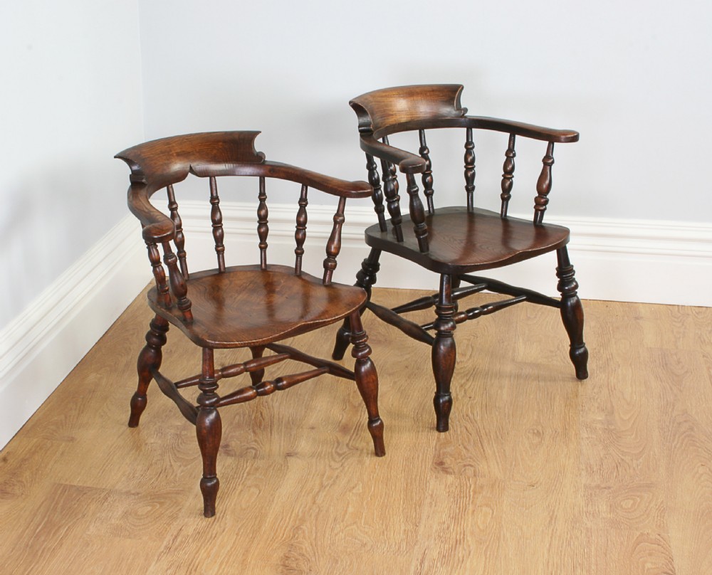 Antique Pair of Victorian Ash & Elm Smokers’ Bow Captains Armchairs (Circa 1880)