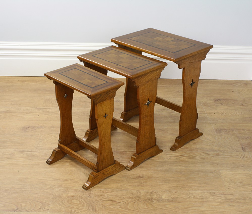 Arts & Crafts Set of Three Oak Parquetry Inlaid Nest of Tables (Circa 1880 - 1910)