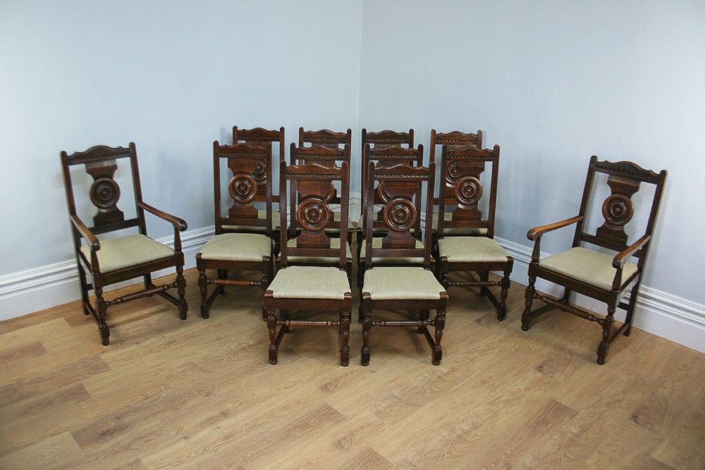 Set of 12 French Oak Bulls Eye Provincial Dining Chairs