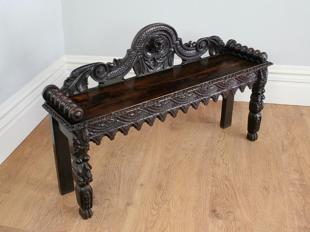 Victorian Carved Oak Hall Seat Bench (Circa 1880)