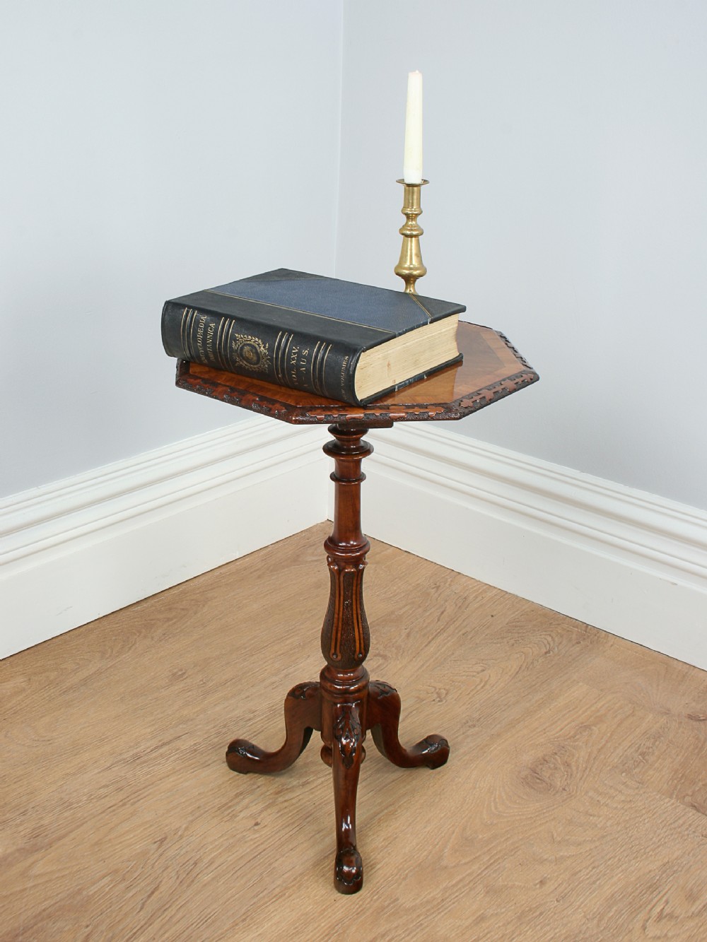 Victorian English Burr Walnut Carved Tripod Wine Table