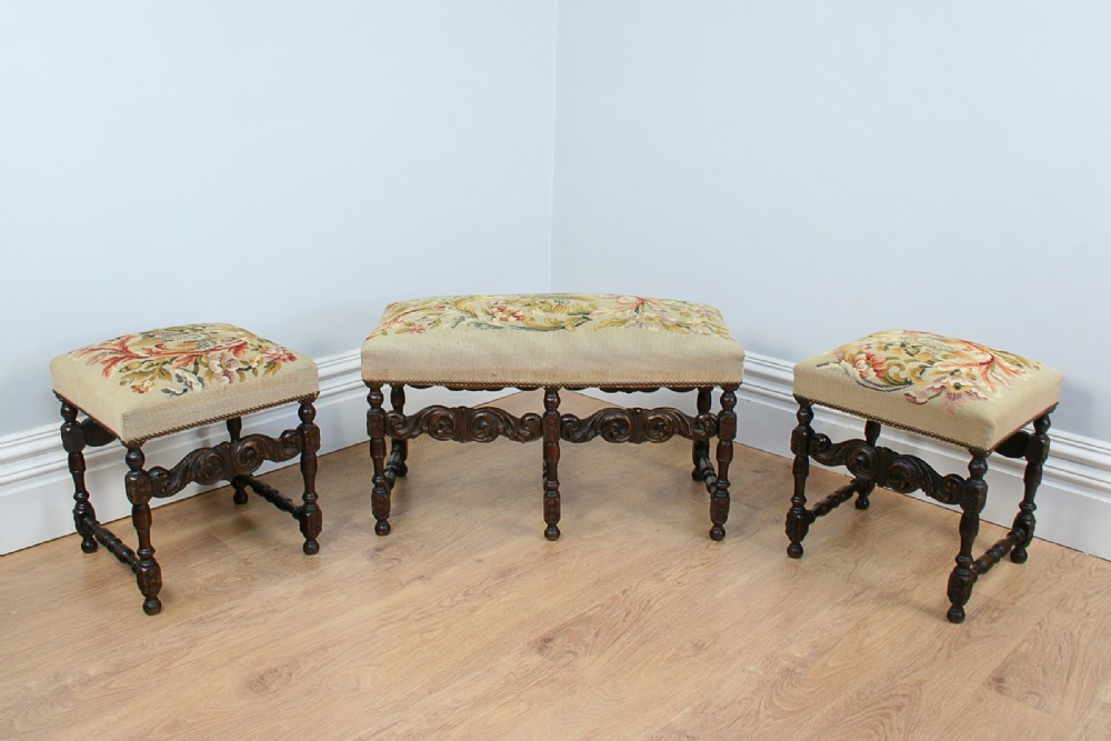 Set of 3 French Carved Beech Tapestry Stools (Circa 1880)