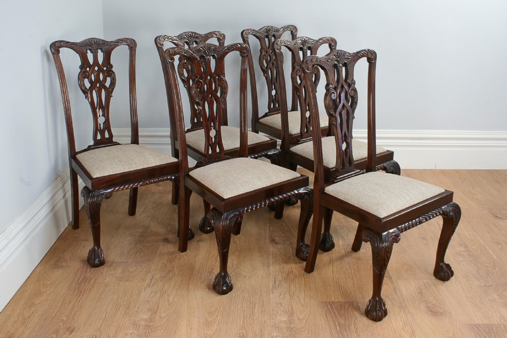 Set of 6 Six Georgian Chippendale Revival Carved Mahogany Upholstered Kitchen Dining Chairs (Circa 1900)