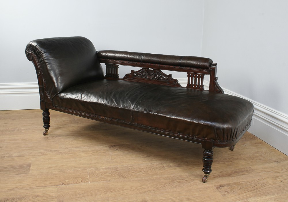 Antique Mahogany & Leather Rail-back Chaise Longue (Circa 1880 - 1900)