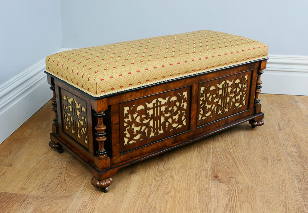 Antique Victorian Burr Walnut & Ebony Upholstered Ottoman (Circa 1850)