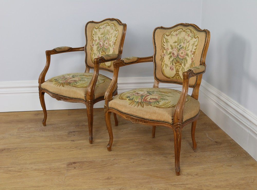 Pair Louis XV Revival Walnut Tapestry Salon Armchairs (Circa 1900)