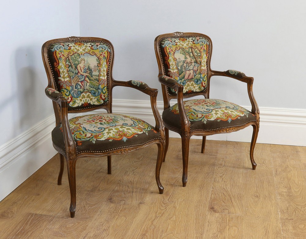 Pair Louis XV Revival Beech Tapestry Salon Armchairs (Circa 1900)