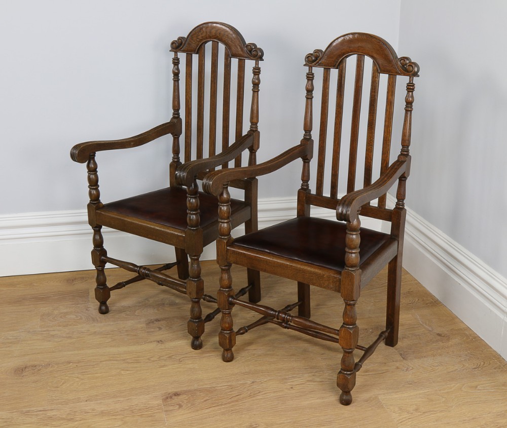 Pair Carolean Revival English Carved Oak & Leather Armchairs (Circa 1920)