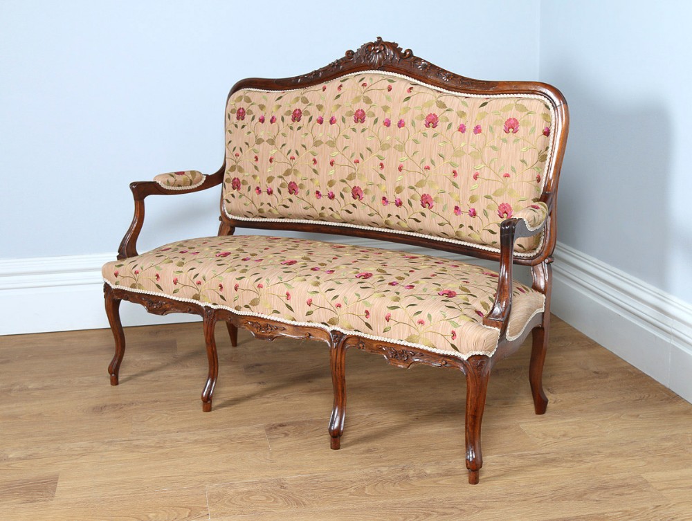 French Louis XVI Revival Walnut & Silk Couch (Circa 1880)