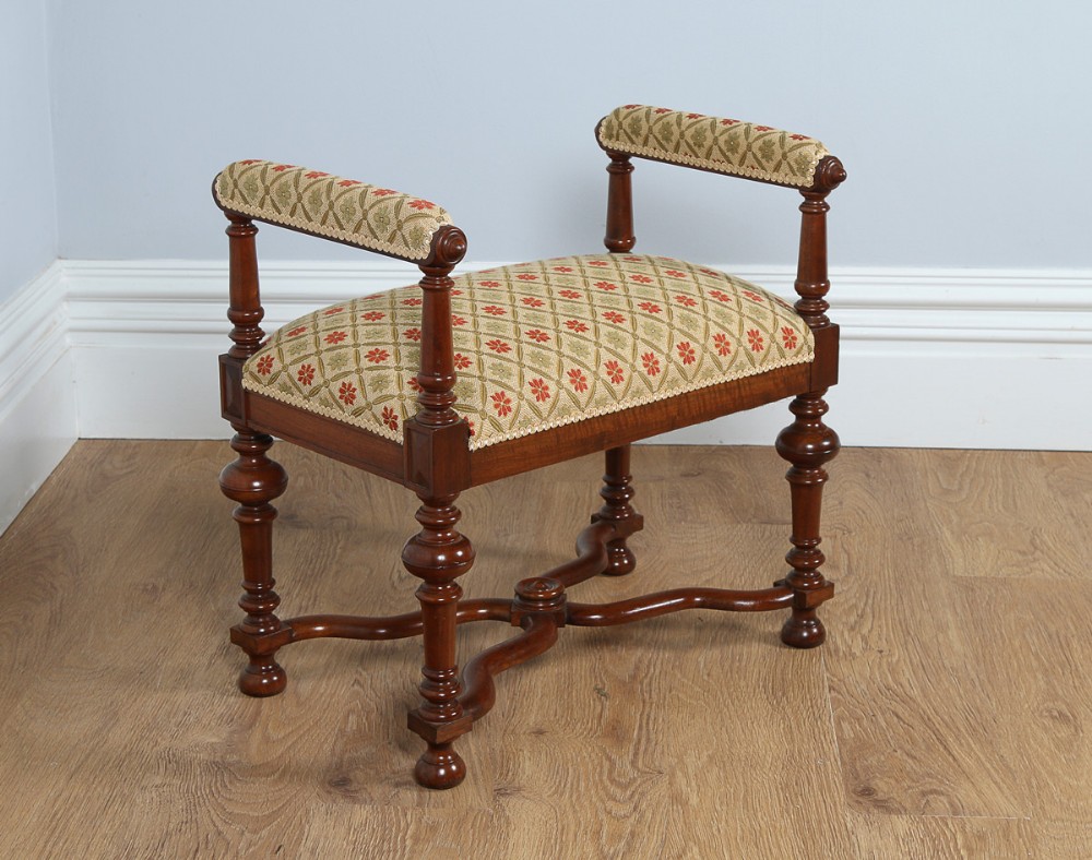 French Upholstered Walnut Carolean Revival Stool (c.1880)