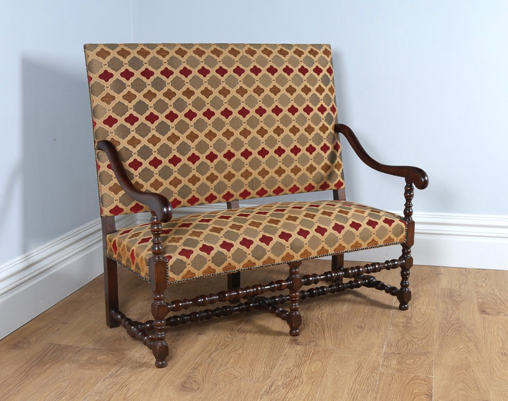 French Walnut Carolean Revival Upholstered Settle Couch (Circa 1870)