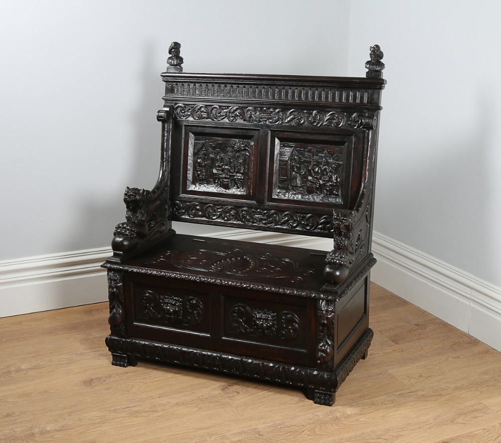 Victorian Carved Oak High Back Settle (Circa 1880)