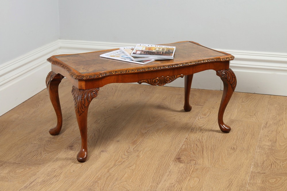 Carved Burr Walnut & Glass Rectangular Coffee Table (Circa 1920)