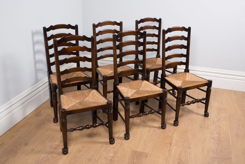 Set of 6 Ash & Elm Ladder Back Country Farmhouse Dining Chairs (Circa 1910)
