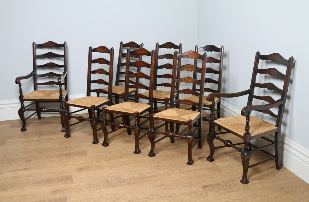 Set of 8 Oak Ladder Back Country Farmhouse Dining Chairs (Circa 1890)