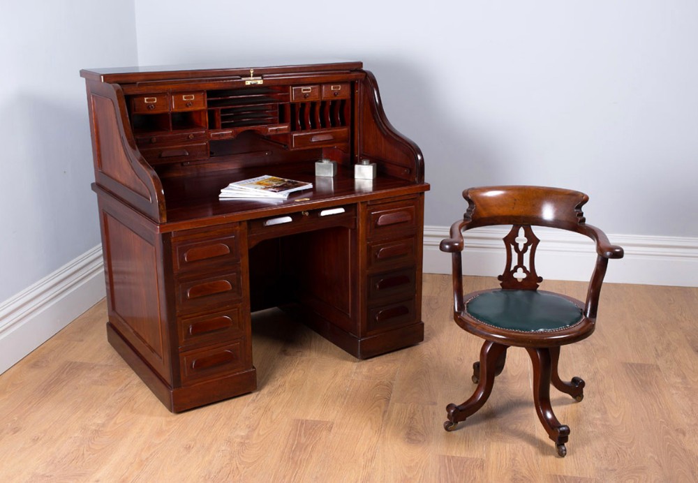 American 4ft 2” Mahogany Roll Top Pedestal Desk (Circa 1880)