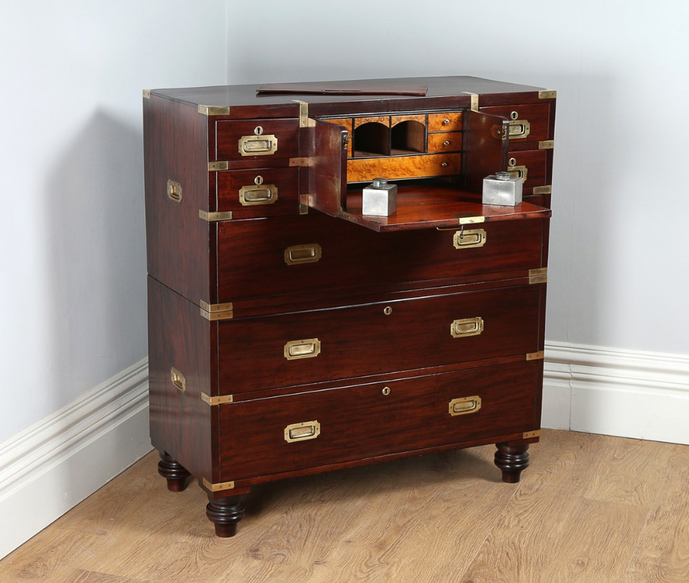 Colonial Mahogany Campaign Secretaire Chest of Drawers (Circa 1860)